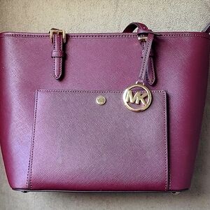 Michael Kors Plum Saffiano Leather Tote with Gold MK Charm